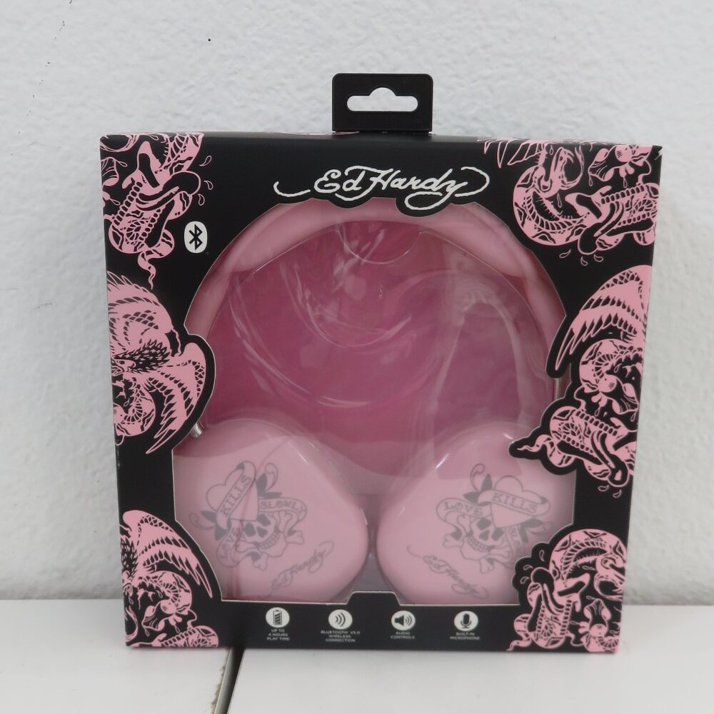 (#108) ED HARDY Bluetooth Wireless Headphones Pink "Love Kills Slowly"